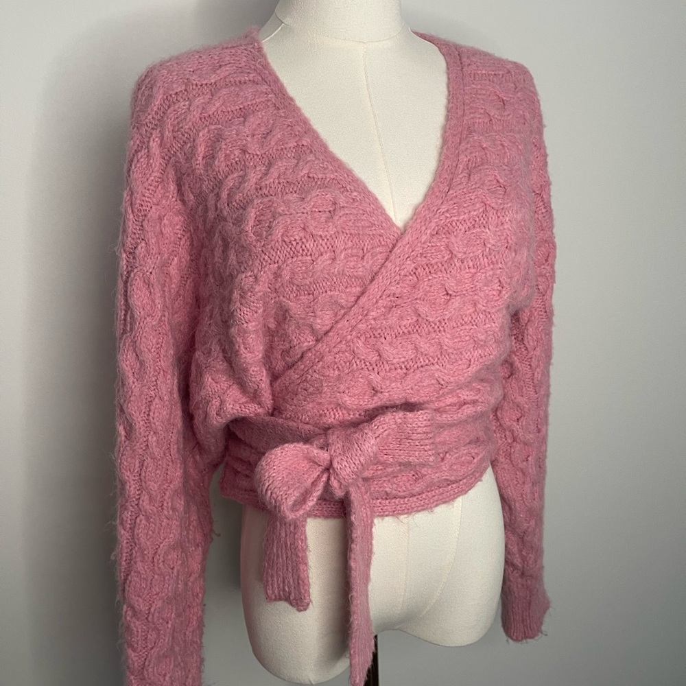 Zara Pink V-Neck Wrap Around Cable Knit Sweater Cardigan Balletcore